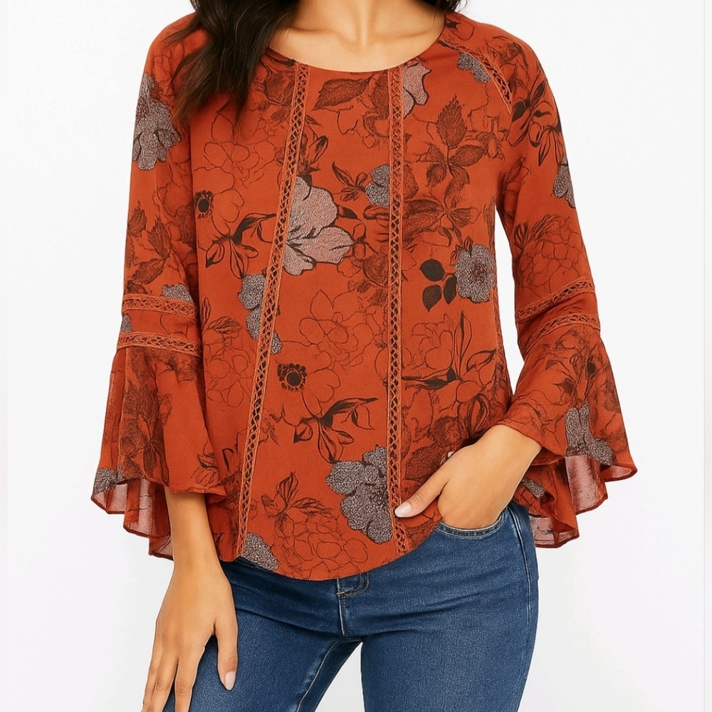 Chelsea 28 Blouse Rust Color Floral Top Long Bell Ruffle Sleeves Size M …
